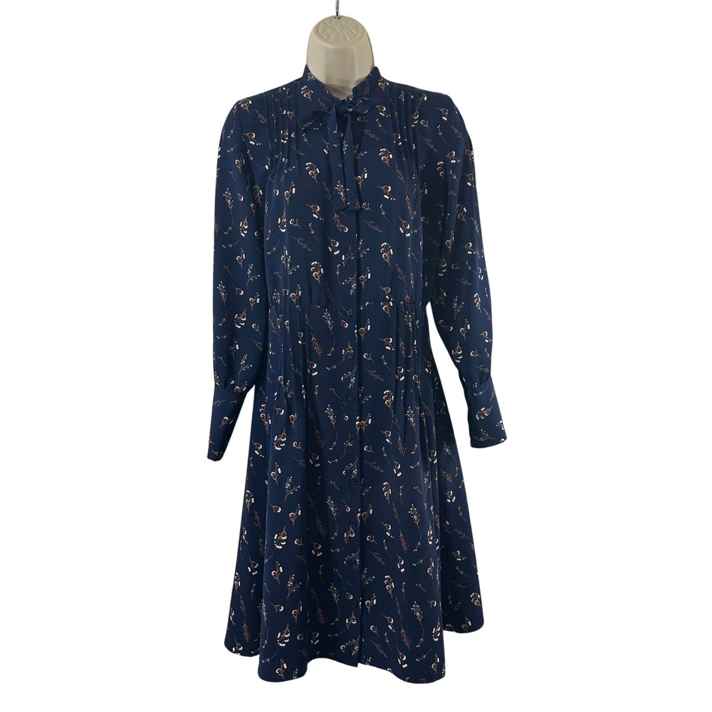 Downeast Navy Blue Floral Tie Neck Button Down Midi Dress XS NEW